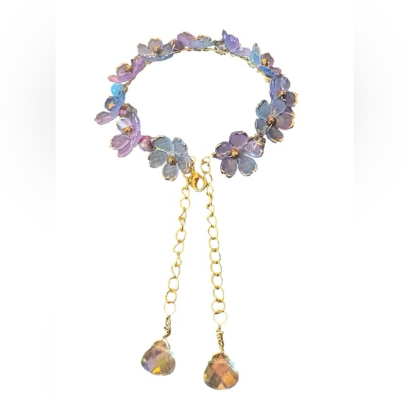 Fairy Bracelet with Wrapped Lucite Flowers, Jasper and Swarovski Crystal Dangles - Picture 3 of 8